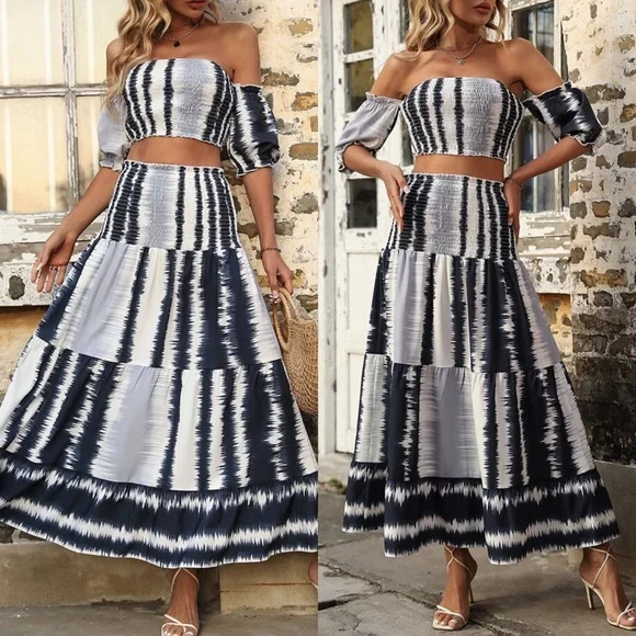 🔲 BOHO BLACK NAVY GREY HIGH WAIST MAXI SKIRT + CROP TOP SET! - Picture 3 of 8